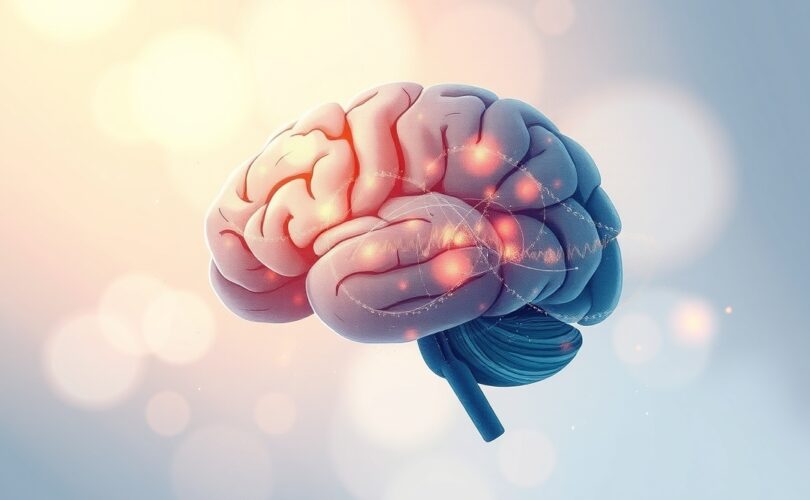 Kora słuchowa jako rozkwitająca fala dźwiękowa w abstrakcyjnym mózgu, styl animacji.