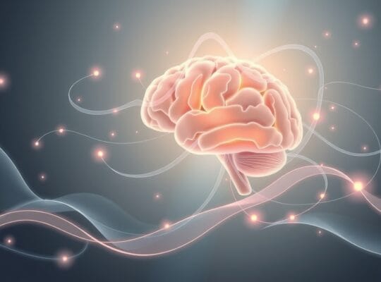 Abstrakcyjny obraz: fale łączące korę somatosensoryczną z emocjami, w pastelowych barwach.