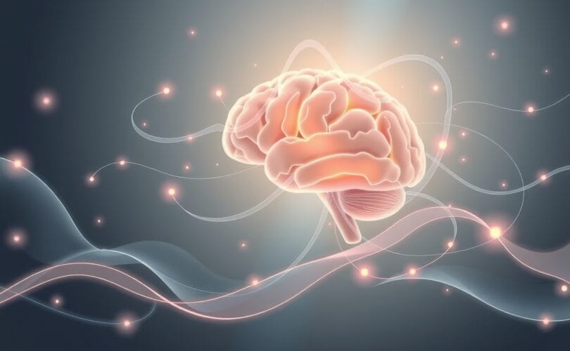 Abstrakcyjny obraz: fale łączące korę somatosensoryczną z emocjami, w pastelowych barwach.