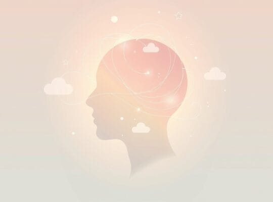 Stylizowana głowa ludzka, z której oczu wypływa świetlista fala światła, łącząc wzrok z emocjami.