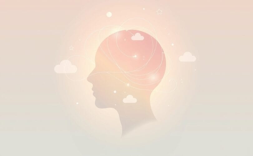 Stylizowana głowa ludzka, z której oczu wypływa świetlista fala światła, łącząc wzrok z emocjami.