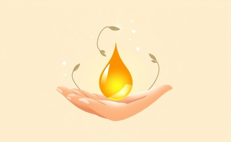 Stylizowana złota kropla kortyzolu w dłoni, emanująca spokojnym światłem, symbolizująca odpowiedź na stres.