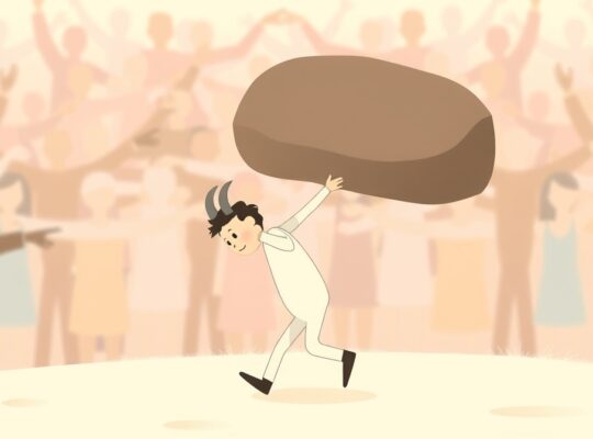 Stylizowana postać z ciężarem, tłum wskazuje spokój, symbolizując kozła ofiarnego.