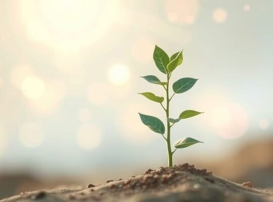 Młody, delikatny pęd walczy o miejsce w abstrakcyjnym krajobrazie, otoczony pastelowym światłem.