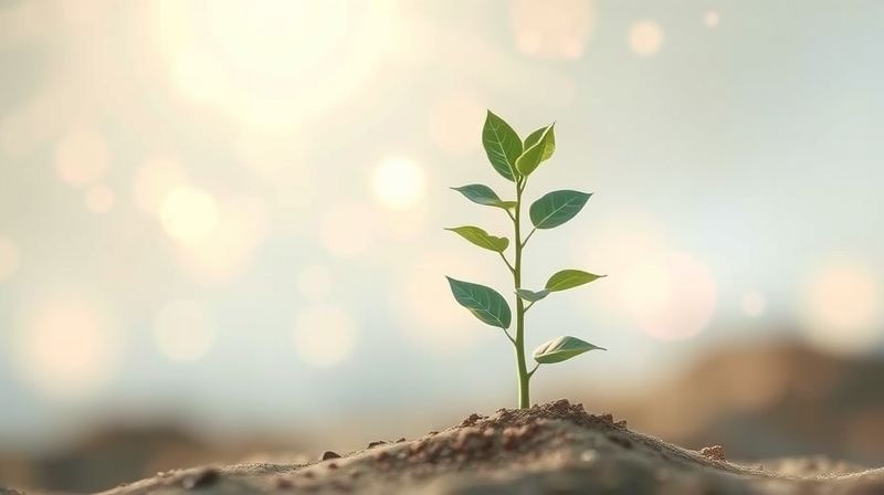 Młody, delikatny pęd walczy o miejsce w abstrakcyjnym krajobrazie, otoczony pastelowym światłem.