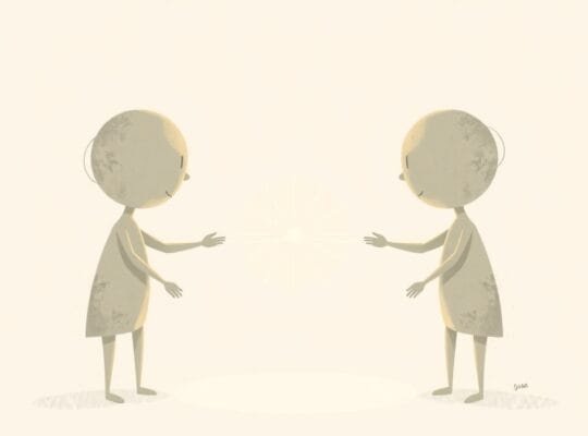 Abstrakcyjne postacie zbliżają się do siebie, łączone przerwany, świetlisty wątek.