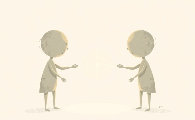 Abstrakcyjne postacie zbliżają się do siebie, łączone przerwany, świetlisty wątek.