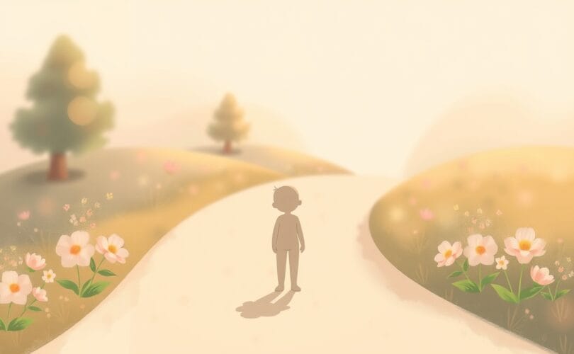 Postać na skrzyżowaniu dróg, ozdobionym kwiatami, symbolizuje pokonanie niezdecydowania.