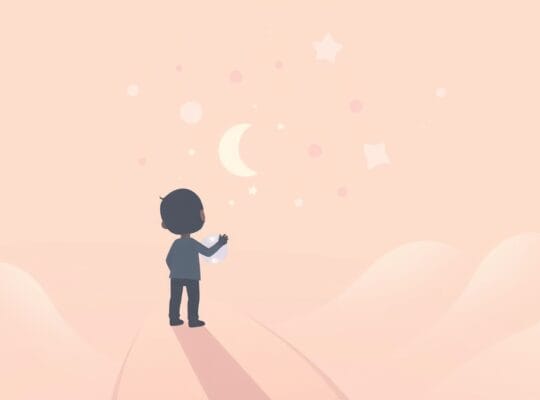 Stylizowana postać na rozstaju dróg, trzymająca bańkę, spogląda w stronę jasnej ścieżki.