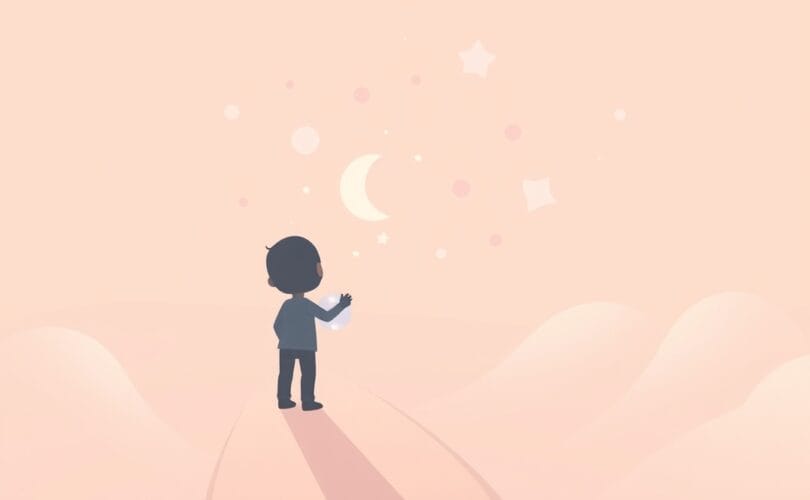 Stylizowana postać na rozstaju dróg, trzymająca bańkę, spogląda w stronę jasnej ścieżki.