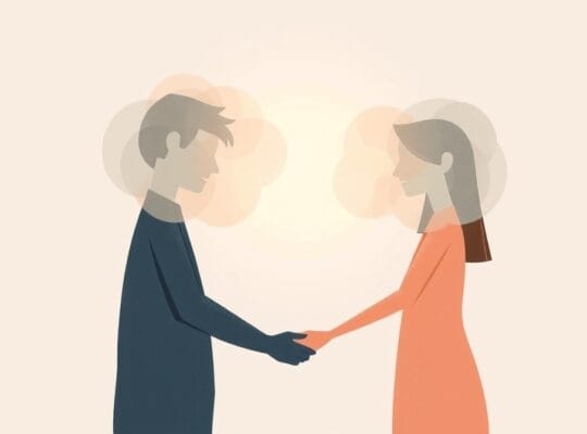 Dwie postacie w mglistej zasłonie, rozdzielone w próbie kontaktu, symbolizują zaprzeczanie w relacjach.