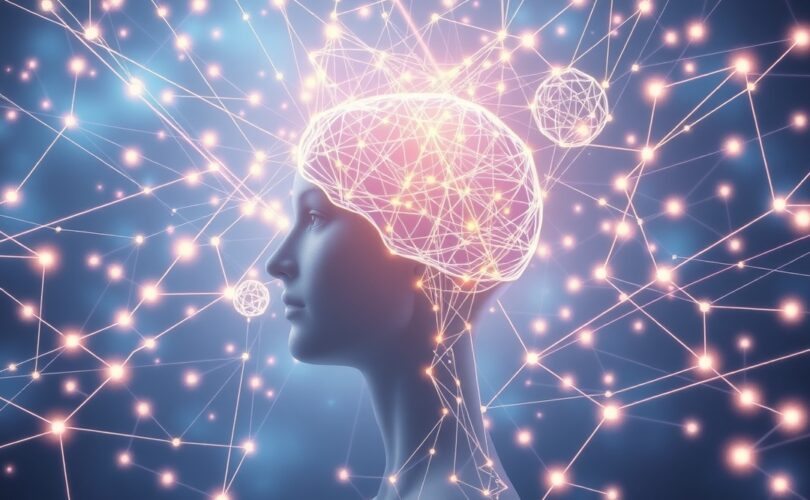 Ulotna sieć ścieżek i węzłów podświadomości, emanująca eterycznym światłem.