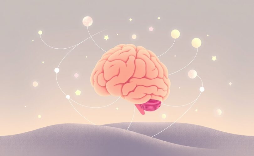 Stylizowany, pastelowy mózg emitujący łagodne światło, z mostami energii łączącymi się z abstrakcyjnymi kształtami.
