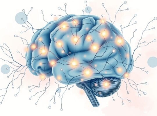 Sieć neuronalna mózgu: jasnooświelone ścieżki nagrody, przyćmione symbolizujące uzależnienie, delikatne barwy.