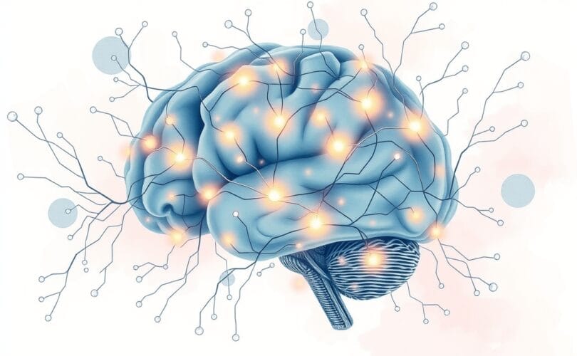 Sieć neuronalna mózgu: jasnooświelone ścieżki nagrody, przyćmione symbolizujące uzależnienie, delikatne barwy.