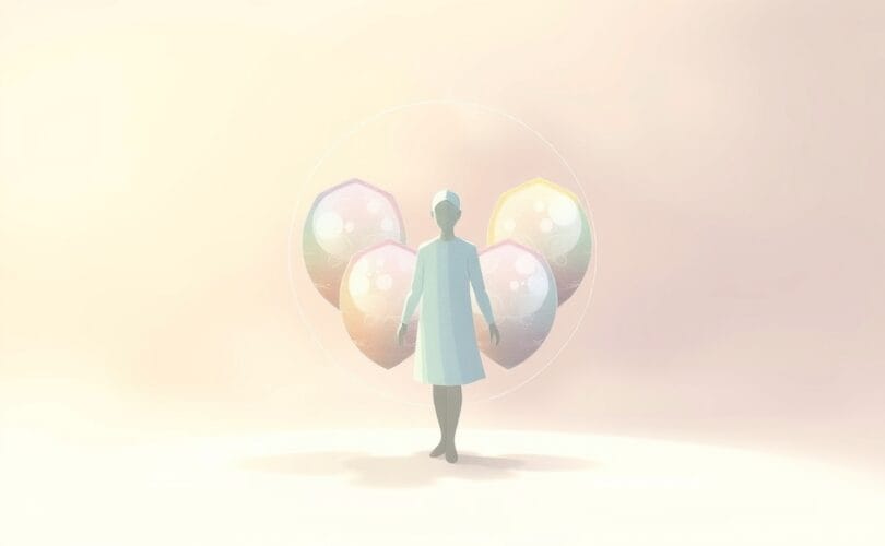 Abstrakcyjna postać z pastelowymi, migoczącymi tarczami symbolizującymi psychologiczne mechanizmy obronne.