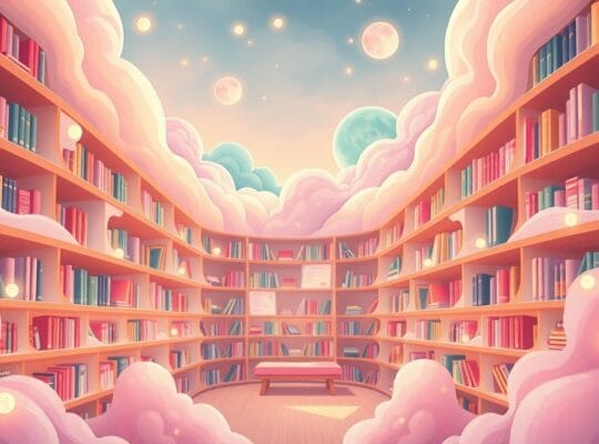 Eteryczna biblioteka pastelowych wspomnień, symulująca długoterminową pamięć w chmurowej aranżacji.