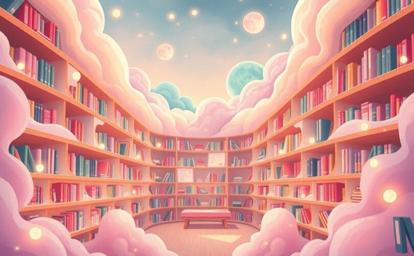 Eteryczna biblioteka pastelowych wspomnień, symulująca długoterminową pamięć w chmurowej aranżacji.