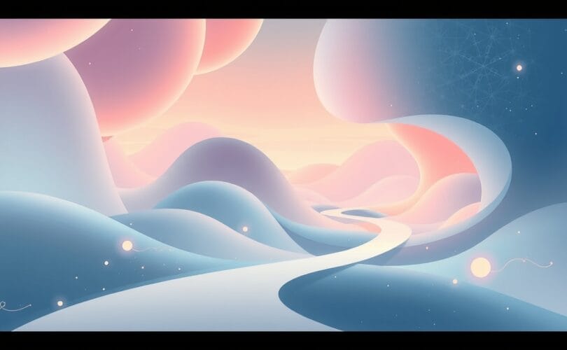 Płynne, pastelowe kształty krajobrazu z świetlistą ścieżką, reprezentujące mechanizmy pamięci epizodycznej.