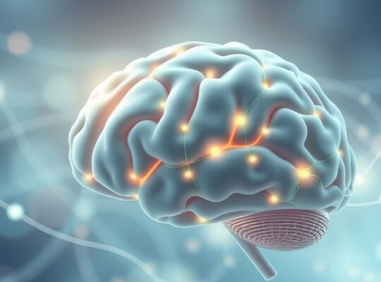 Abstrakcyjny mózg, łagodnie świecący, z pastelowymi liniami tworzącymi sieci neuronowe.