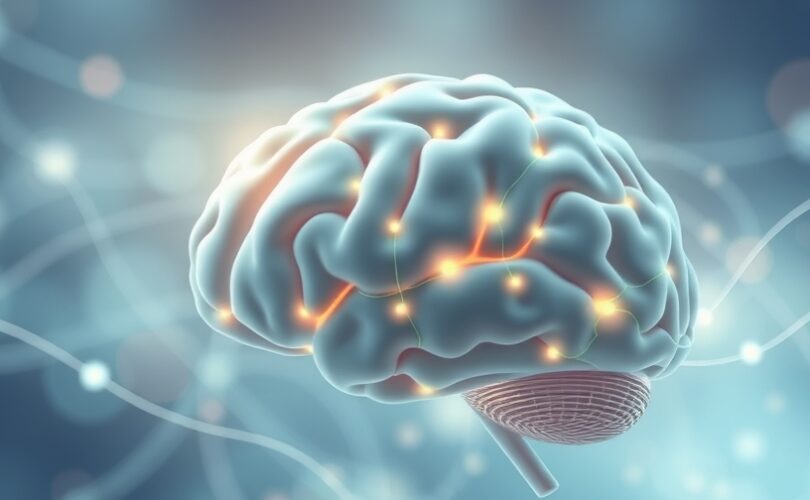 Abstrakcyjny mózg, łagodnie świecący, z pastelowymi liniami tworzącymi sieci neuronowe.