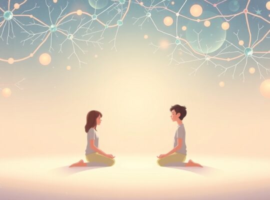 Symboliczna ilustracja połączenia medytacji z mózgiem: fale światła, pastelowe barwy.
