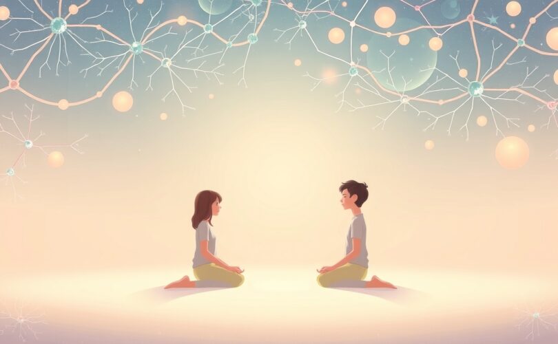 Symboliczna ilustracja połączenia medytacji z mózgiem: fale światła, pastelowe barwy.