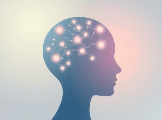 Stylizowany profil głowy, pastelowe barwy, aktywne i wyciszone układy neuronowe.