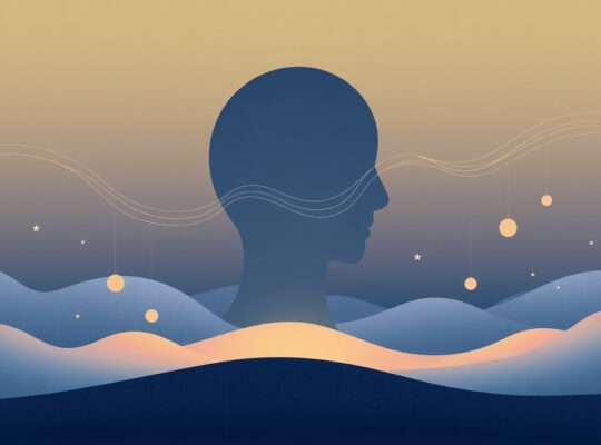 Abstrakcyjna ilustracja: gruczoł szyszynkowy, fale księżycowego światła, senne kształty, spokój.