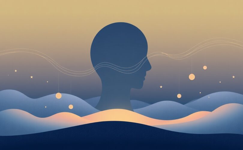 Abstrakcyjna ilustracja: gruczoł szyszynkowy, fale księżycowego światła, senne kształty, spokój.