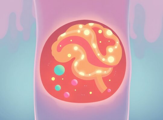 Kolorowy wnętrz ludzkiego ciała, ścieżka od jelit do mózgu z przyjaznymi mikroorganizmami.