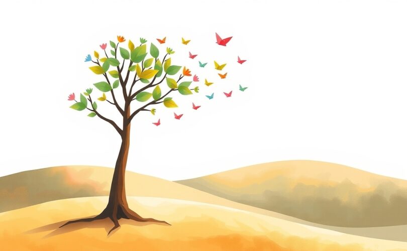 Bajkowa ilustracja drzewa z papierowymi ptakami symbolizująca adaptację do zmian.