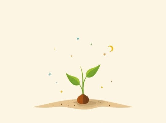 Abstrakcyjna ilustracja pączka rośliny z elementami wzrostu i wewnętrznej eksploracji.