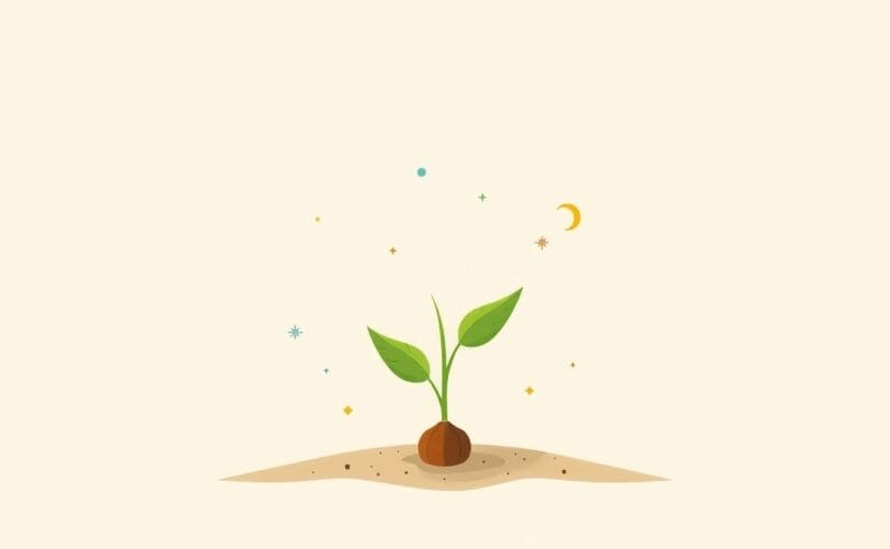 Abstrakcyjna ilustracja pączka rośliny z elementami wzrostu i wewnętrznej eksploracji.