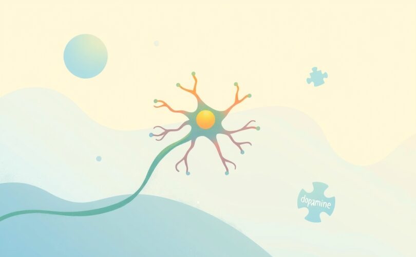 Stylizowana ilustracja neuronu w pastelowych barwach, symbolizująca nagradzające ścieżki mózgowe.