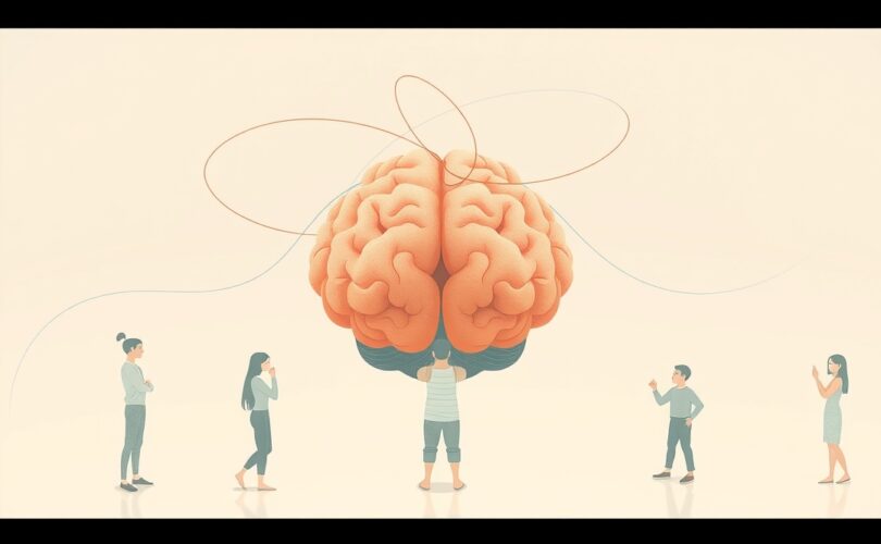 Stylizowany móżdżek, subtelnie połączony z abstrakcyjnymi postaciami, symbolizuje regulację emocji społecznych.