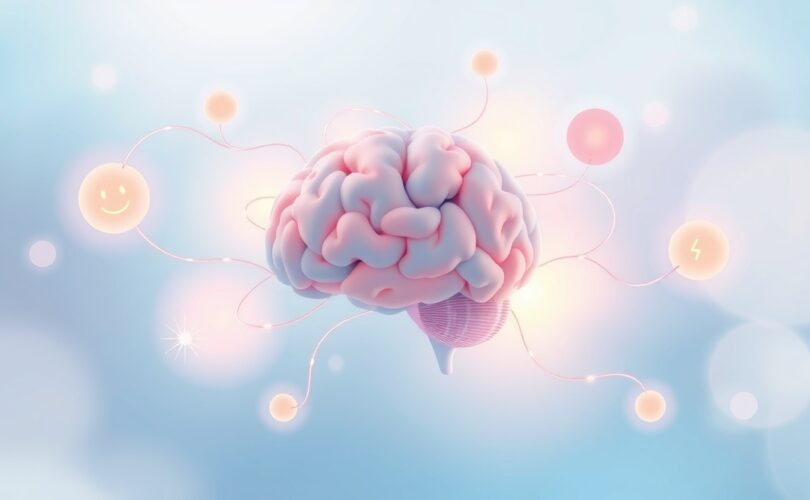 Abstrakcyjna ilustracja móżdżku połączonego świetlistymi nićmi z emocjami i procesami poznawczymi.