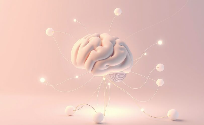 Symboliczny mózg, miękkie światło, nici łączące z abstrakcyjnymi kształtami, pastelowe kolory.