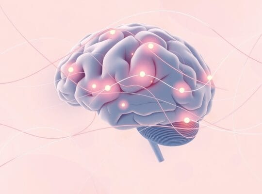 Stylizowany mózg w pastelowych barwach, z świetlistymi ścieżkami neuralnymi, symbolizujący stan flow.