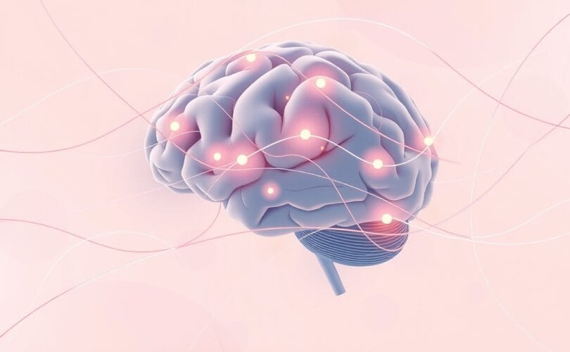 Stylizowany mózg w pastelowych barwach, z świetlistymi ścieżkami neuralnymi, symbolizujący stan flow.
