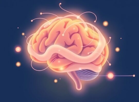 Stylizowany, świecący mózg z pastelowymi nićmi tworzącymi ludzkie postacie, symbolizując joy.