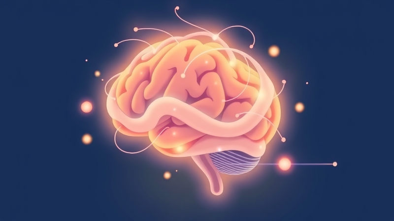 Stylizowany, świecący mózg z pastelowymi nićmi tworzącymi ludzkie postacie, symbolizując joy.