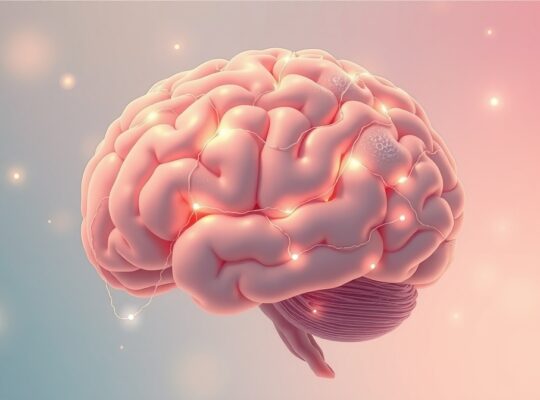 Abstrakcyjny mózg w pastelowych barwach, świetliste linie wskazujące przetwarzanie informacji pod stresem.