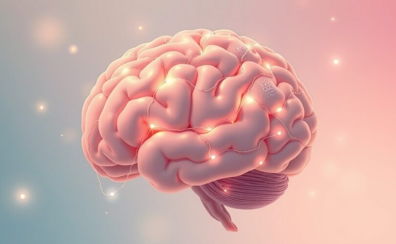 Abstrakcyjny mózg w pastelowych barwach, świetliste linie wskazujące przetwarzanie informacji pod stresem.