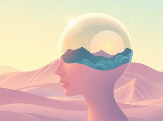 Stylizowana głowa ludzka jako spokojny krajobraz z wpływem abstrakcyjnych kształtów.