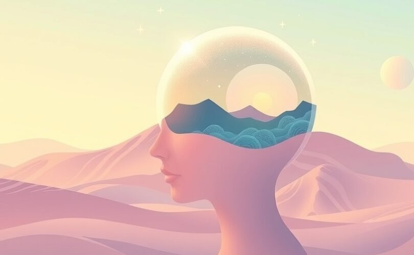 Stylizowana głowa ludzka jako spokojny krajobraz z wpływem abstrakcyjnych kształtów.