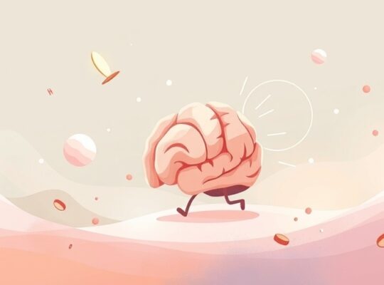 Stylizowany mózg w pastelowym, eterycznym krajobrazie z subtelnymi geometrycznymi kształtami.