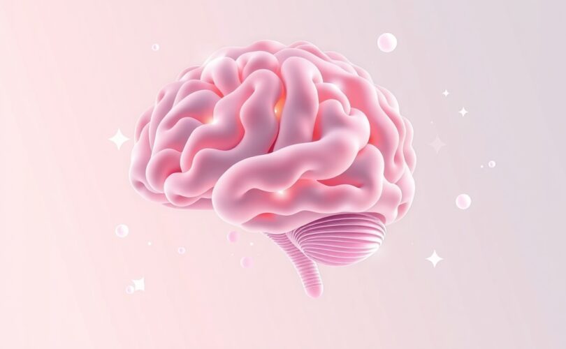 Spokojna wizualizacja mózgu w transie: pastelowe kolory, płynne linie, delikatne światło.