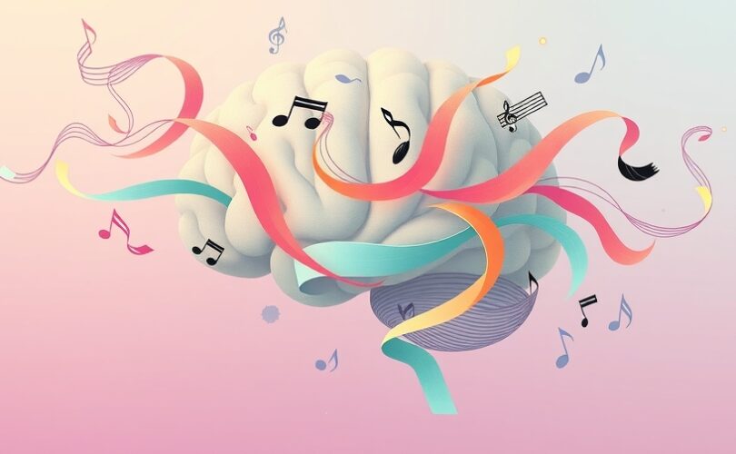 Surrealistyczny mózg, gdzie fale dźwiękowe i symbole językowe splatają się w pastelowych barwach.