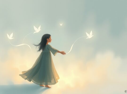 Eteryczna ilustracja dwóch postaci połączonych nićmi światła, symbolizująca nadmierne przywiązanie emocjonalne.